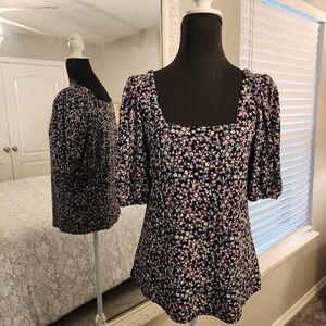 CeCe Black Floral Puff Sleeve Blouse